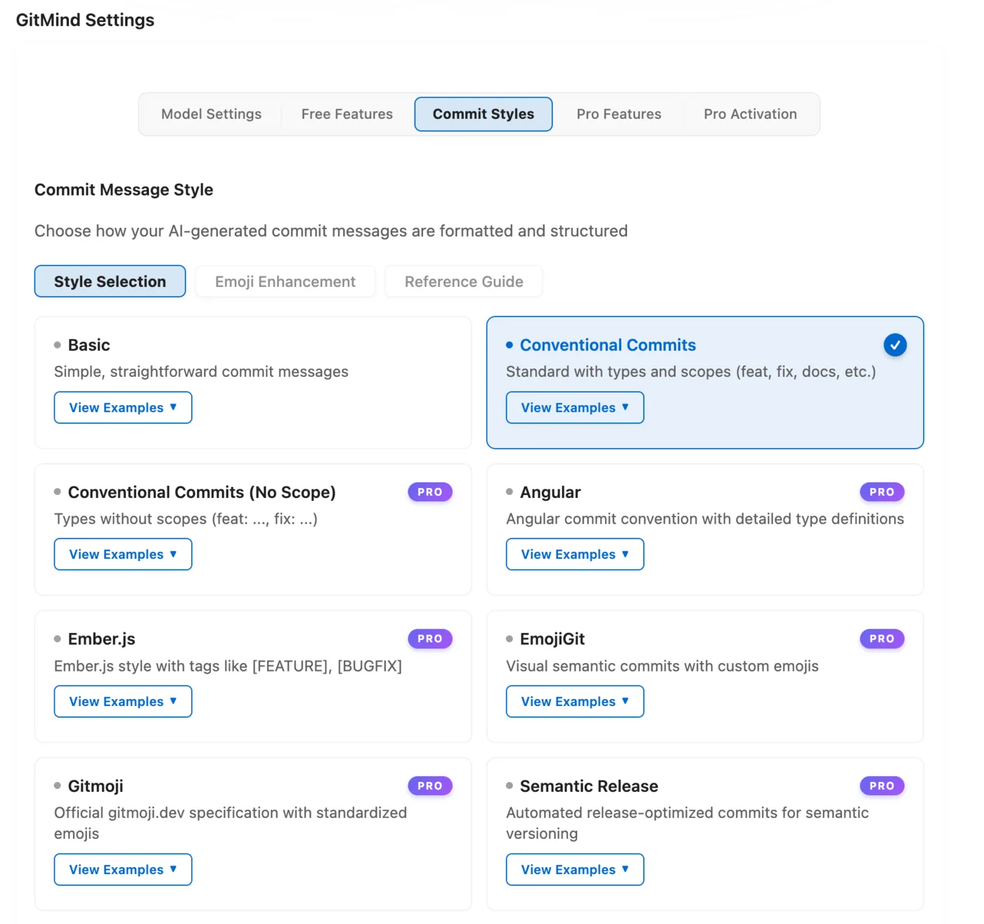 Selecting a commit convention such as Conventional Commits or Gitmoji in GitMind
