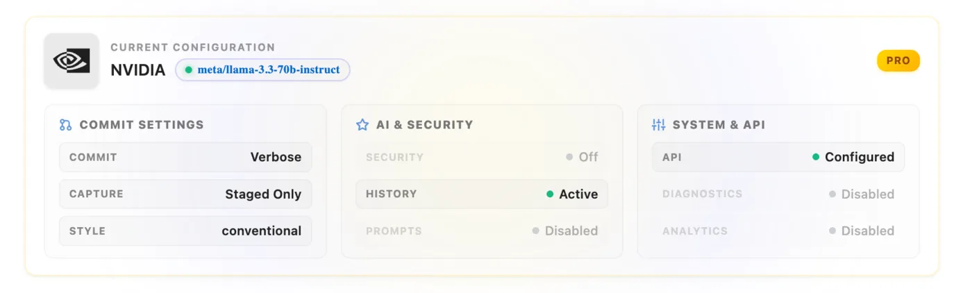 GitMind configuration view showing the selected provider and model