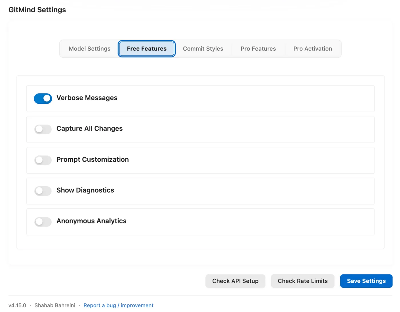 GitMind settings with a local provider selected